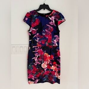 Betsey Johnson black colorful floral cap sleeve sheath dress size 8